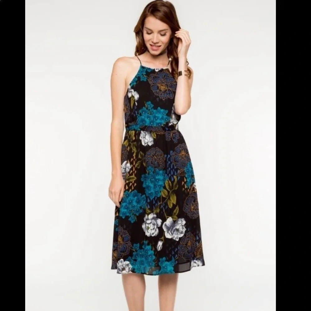 Everly floral halter sun dress black small